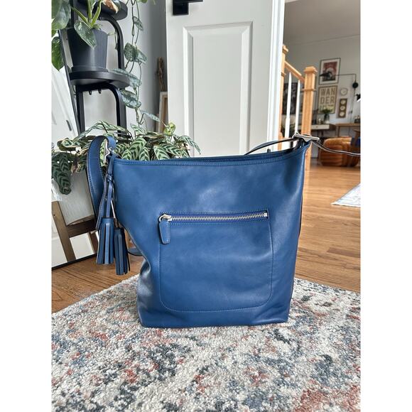 Vintage Coach 19893 Legacy Hobo Cognac XL Leather Shoulder Handbag Tassels Blue - Picture 4 of 7